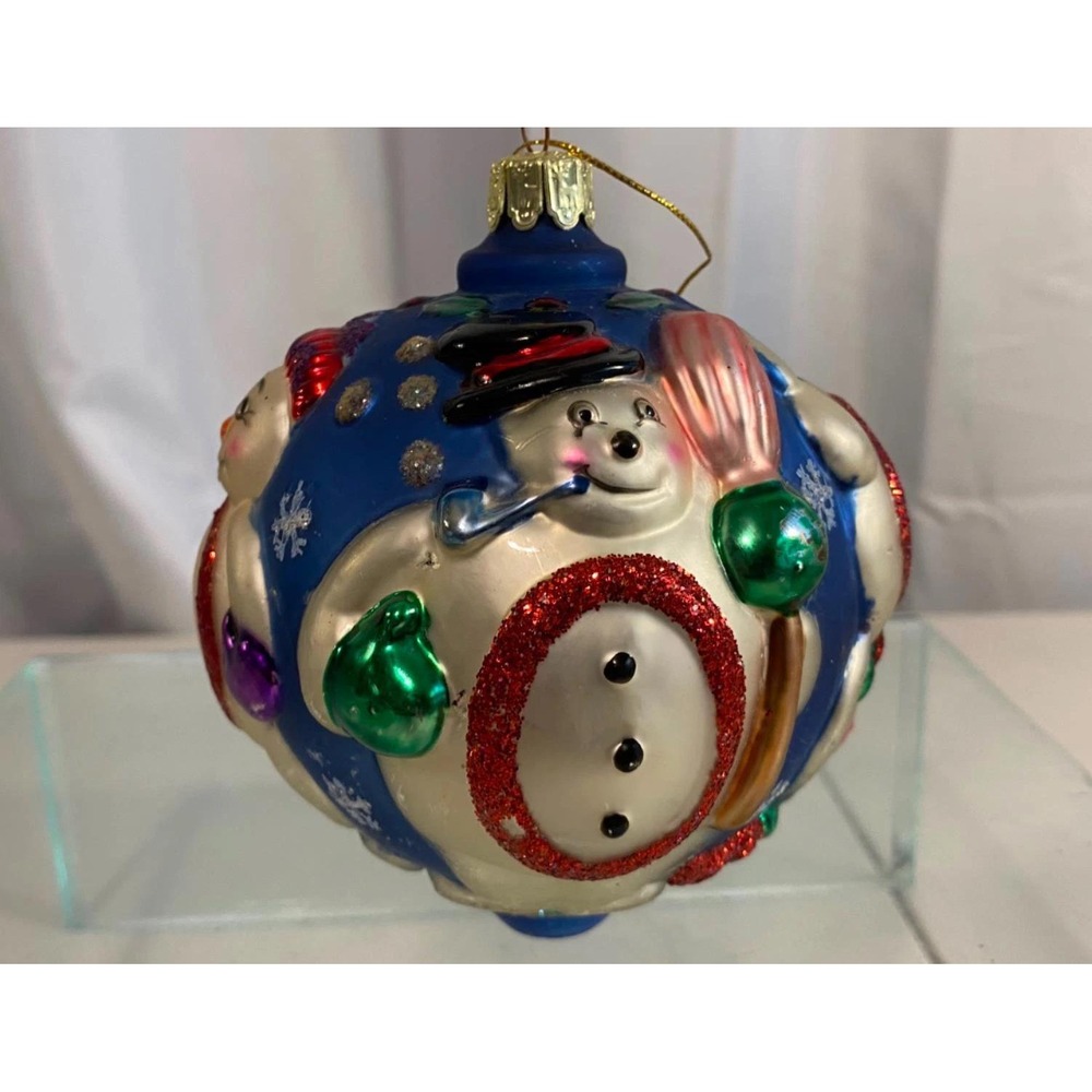 Vintage 2000 Snowman Glass Ball Ornament Blue Glitter Millennium Commemorative